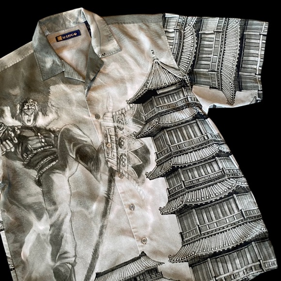 Y2K 00s Wingo Anime Graphic Japan Pagoda Button Down Shirt AOP Polyester Mens XL - Picture 3 of 11